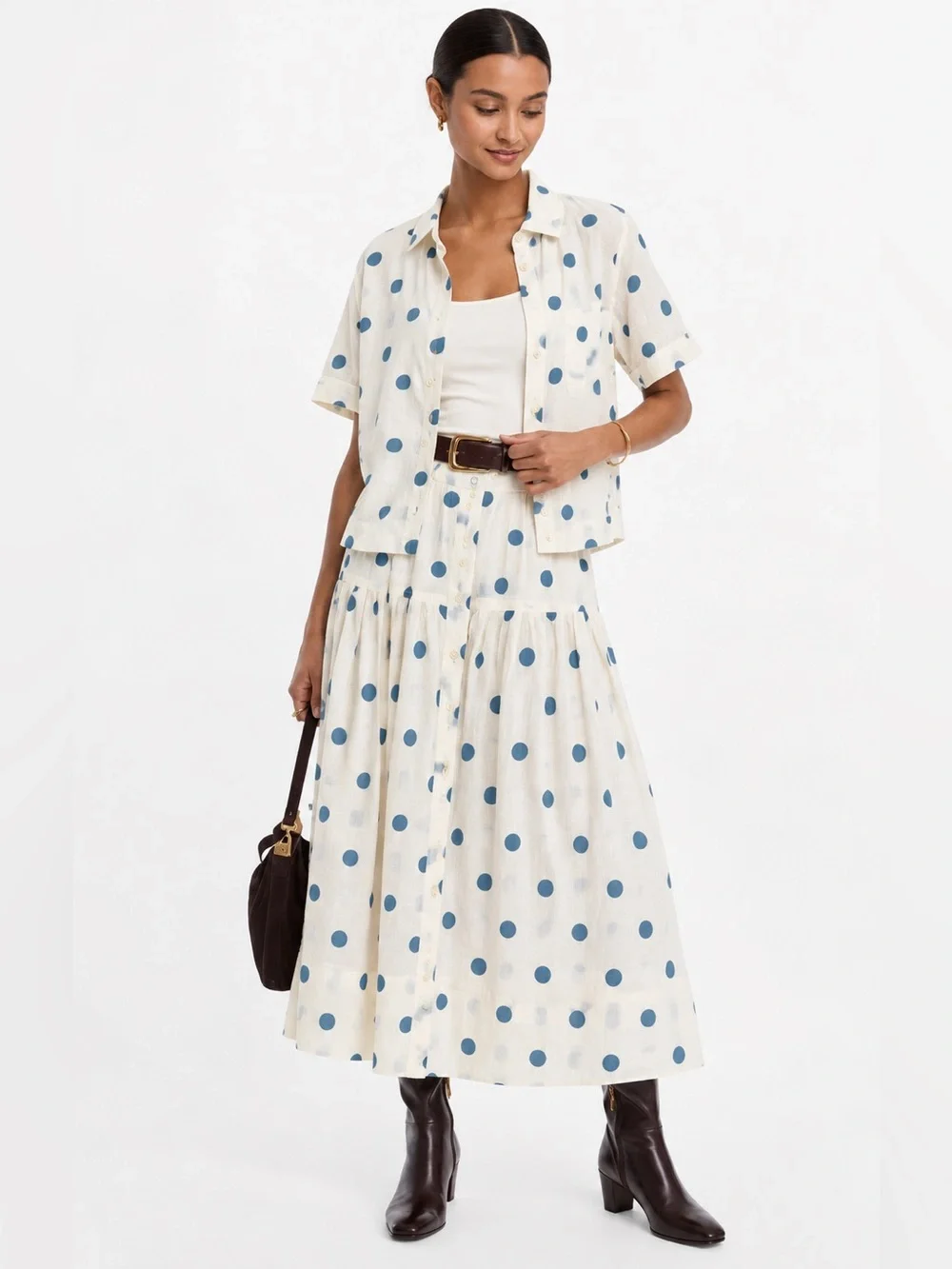 THE GREAT. The Messenger Top & Highland Skirt Polka Dot Set Cream/Blue, Size 1/S